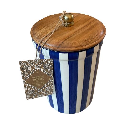 Blue & Cream Hand Painted Striped Ceramic Canister Set of 3  Made in India NEW - Picture 6 of 16